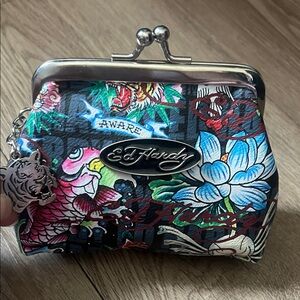 Ed Hardy Black Floral Tattoo Kiss-Lock Coin Purse and Shoulder Bag Brand New!